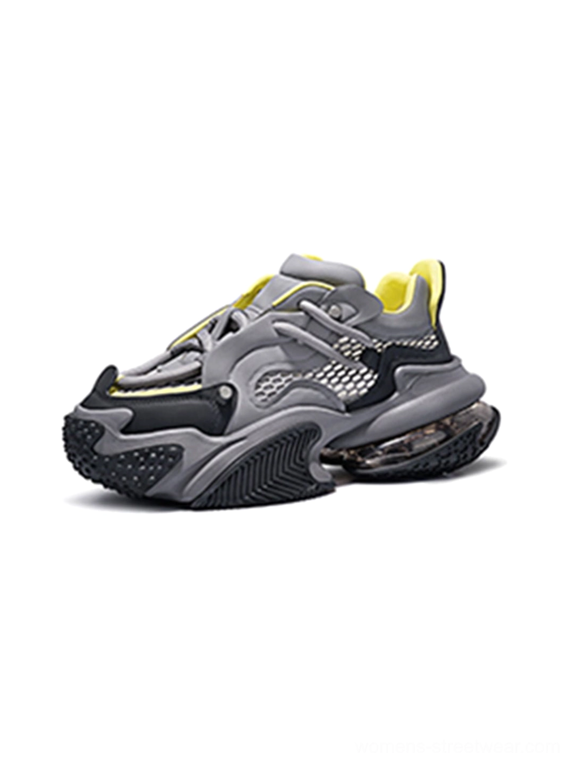 White Vortex Mesh Air Cushion Platform Sneakers detailed view for futuristic Korean streetwear styling