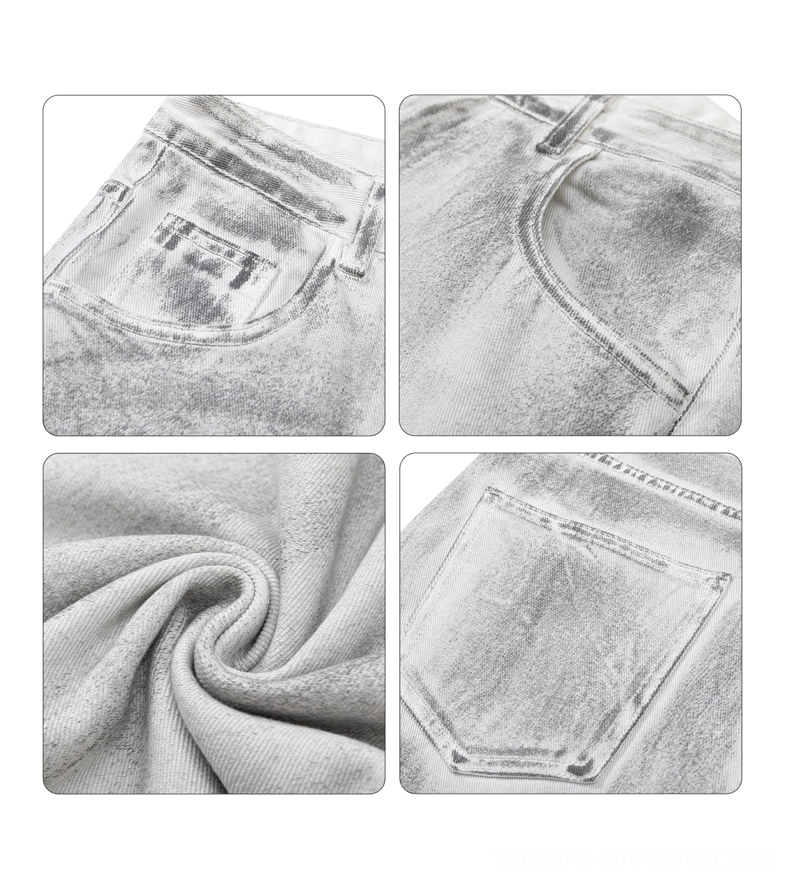 Close-up of white washed denim back pocket with tonal stitching and classic jean pocket construction