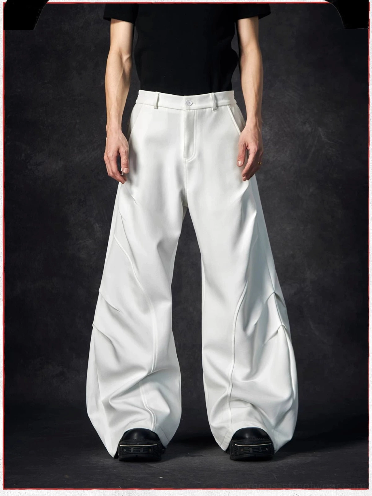 White wave contour wide-leg streetwear trousers front view showing button closure, 3D curved leg seams, and ultra-wide silhouette