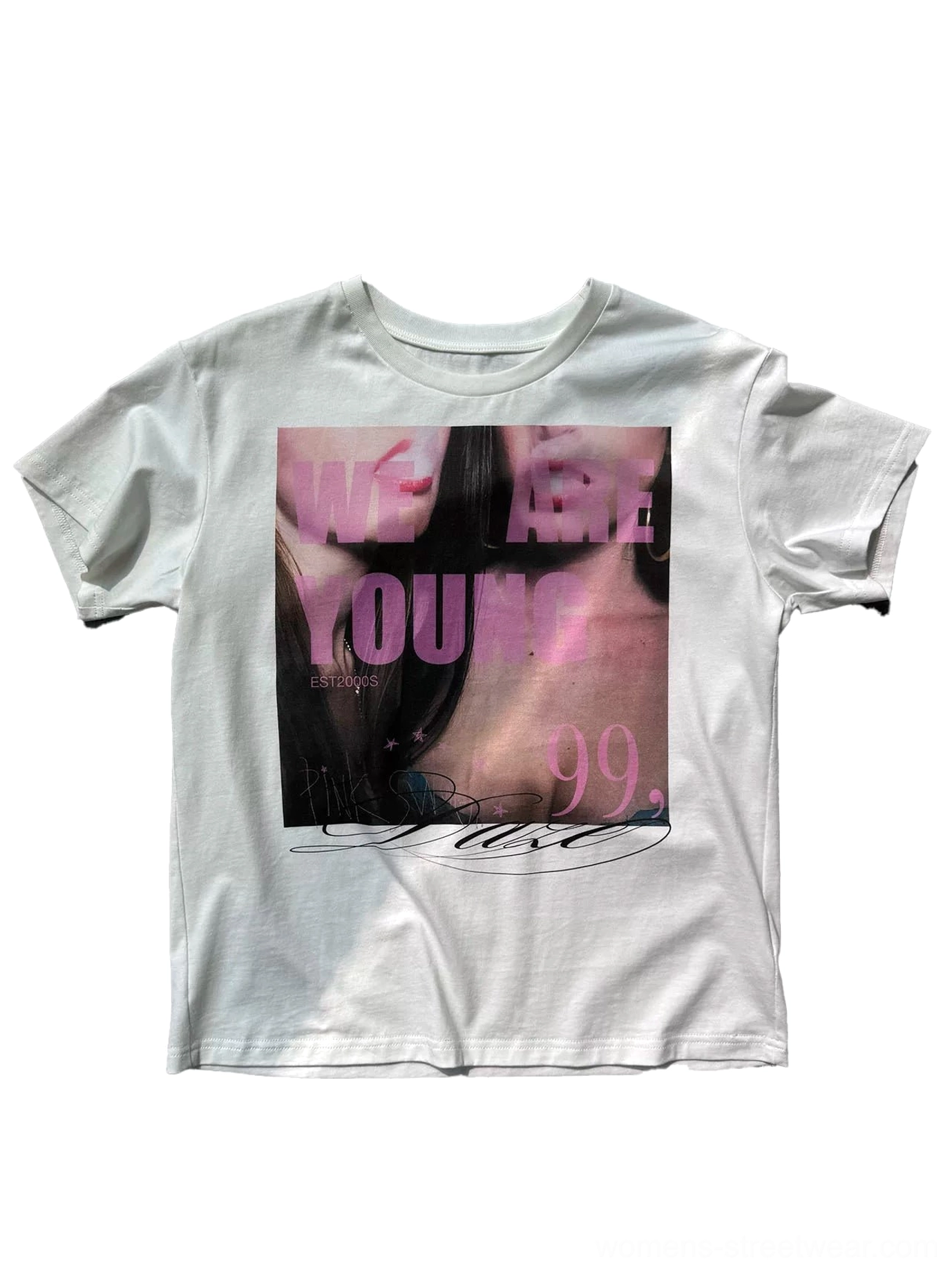 Full flat lay of a white short-sleeve graphic T-shirt with pink portrait, We Are Young text, stars, and number 99 detail