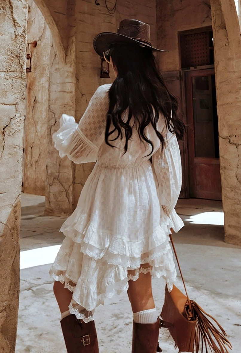 White western ruffle midi dress with lace-up neckline flowing tiered hem and relaxed streetwear silhouette