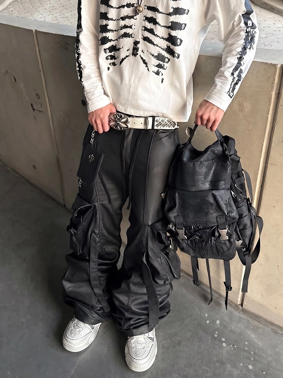 Wukong-inspired white chunky platform sneakers paired with black cargo pants and an East Asian streetwear outfit