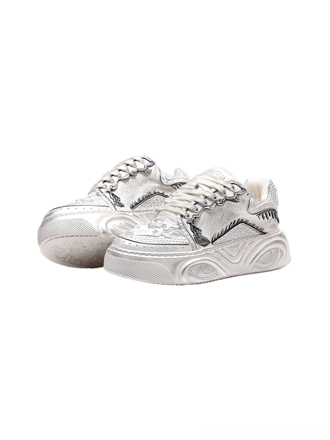Top view of white Wukong-inspired low-top platform sneakers with distressed finish, decorative relief patterns, and thick soles