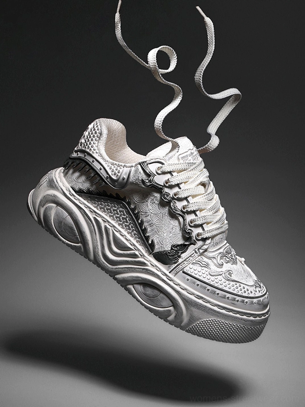 Angled view of a white Wukong-inspired platform sneaker featuring sculpted bone relief details and a thick futuristic outsole