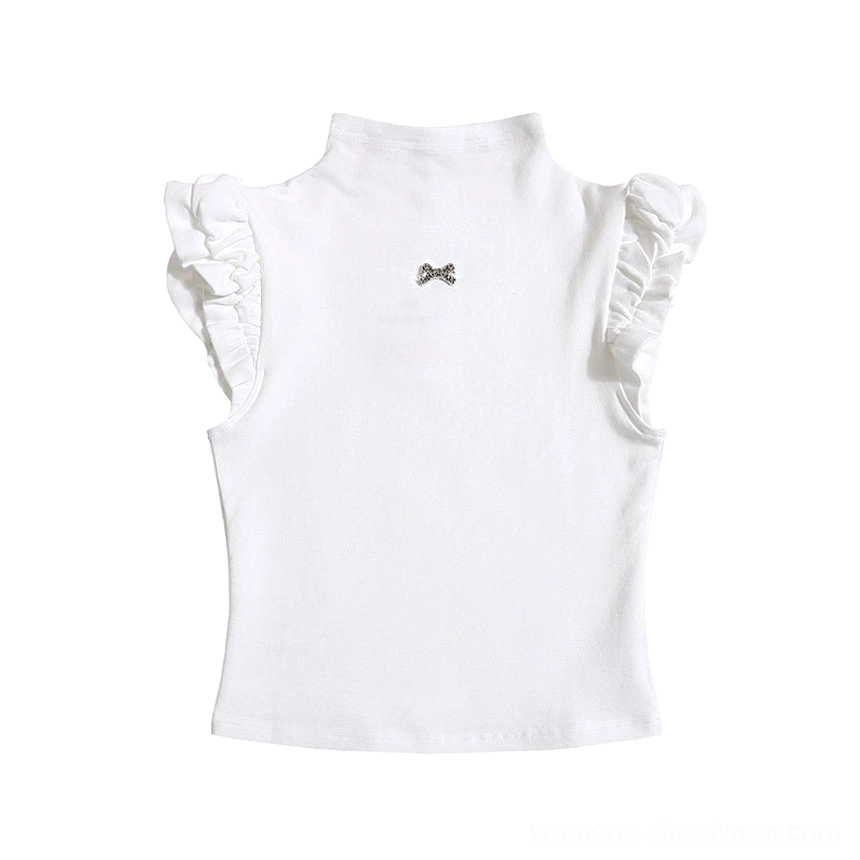 White ruffle sleeve mock neck Y2K crop top back view showing clean minimalist back and flutter sleeve edges