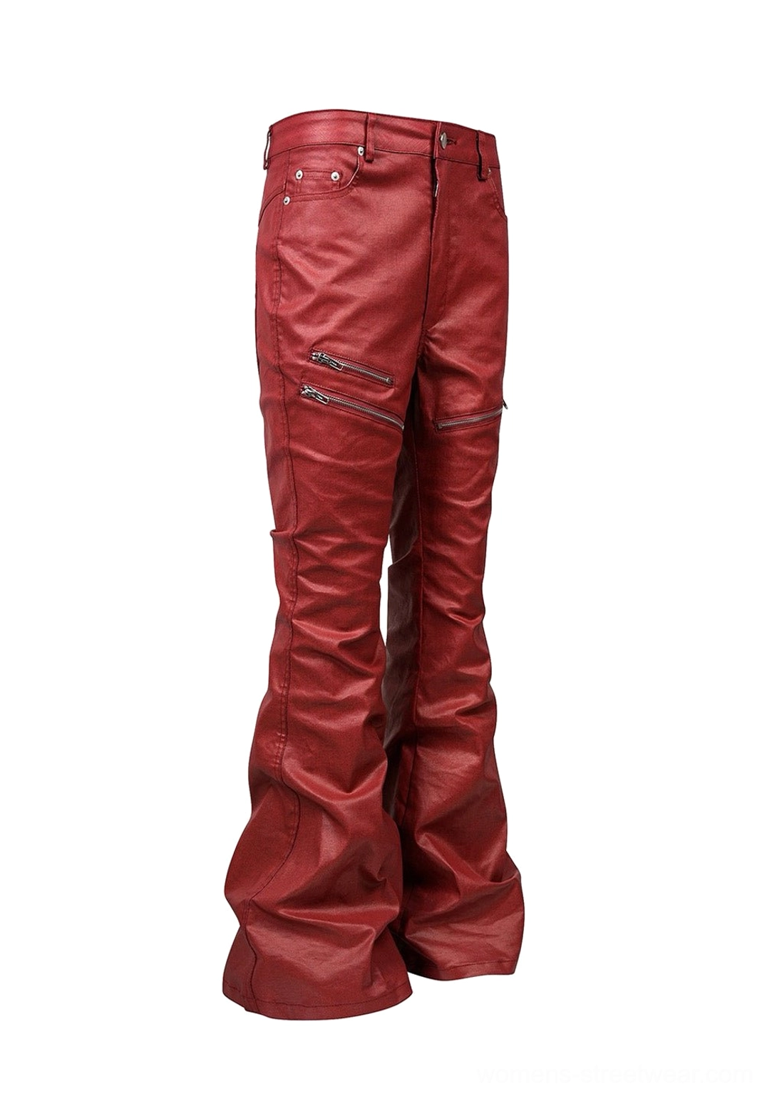 Side view of wine red coated flare denim jeans showing zipper thigh pockets metal rivets and flared leg design
