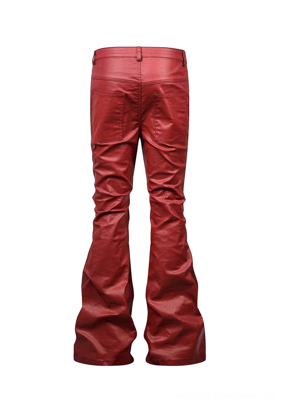 Back view of wine red coated flare jeans with rear patch pockets waistband and wide flared hems