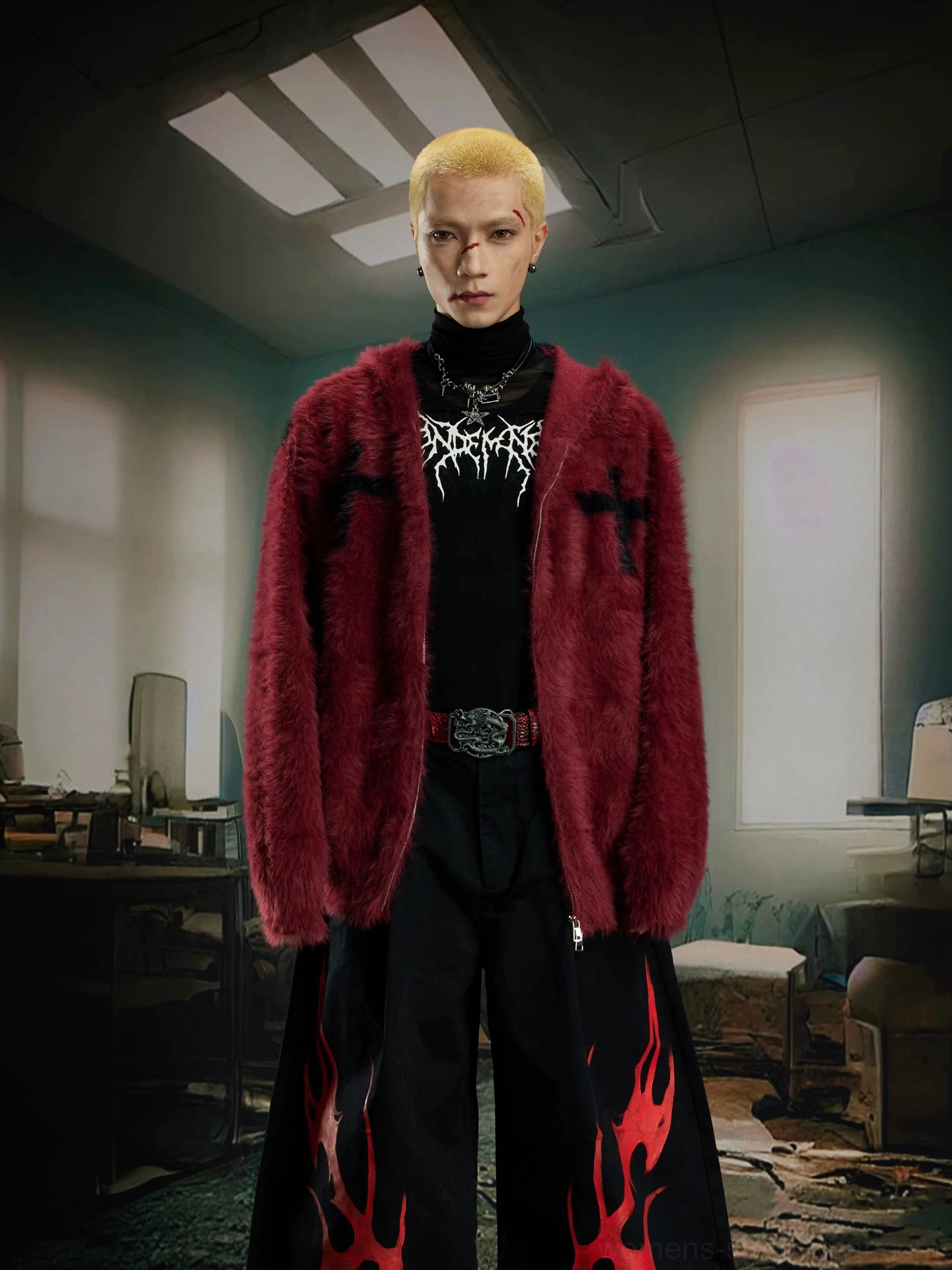 Wine red crucifix cross faux fur zip hoodie for dramatic Y2K and gothic streetwear outfits