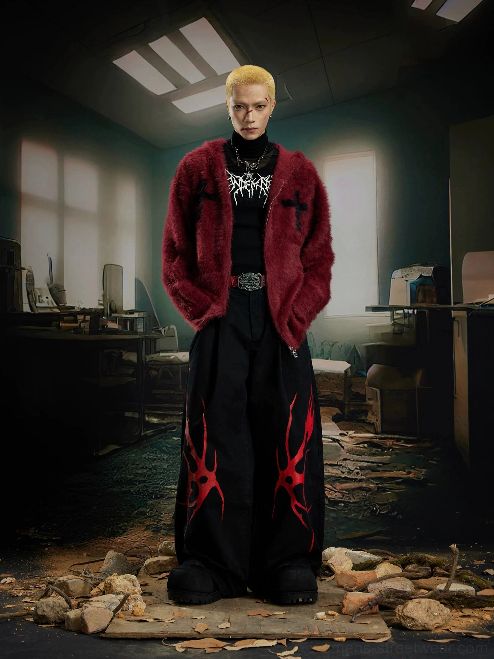 Wine red crucifix faux fur hoodie styled with wide leg pants in an avant garde gothic streetwear look