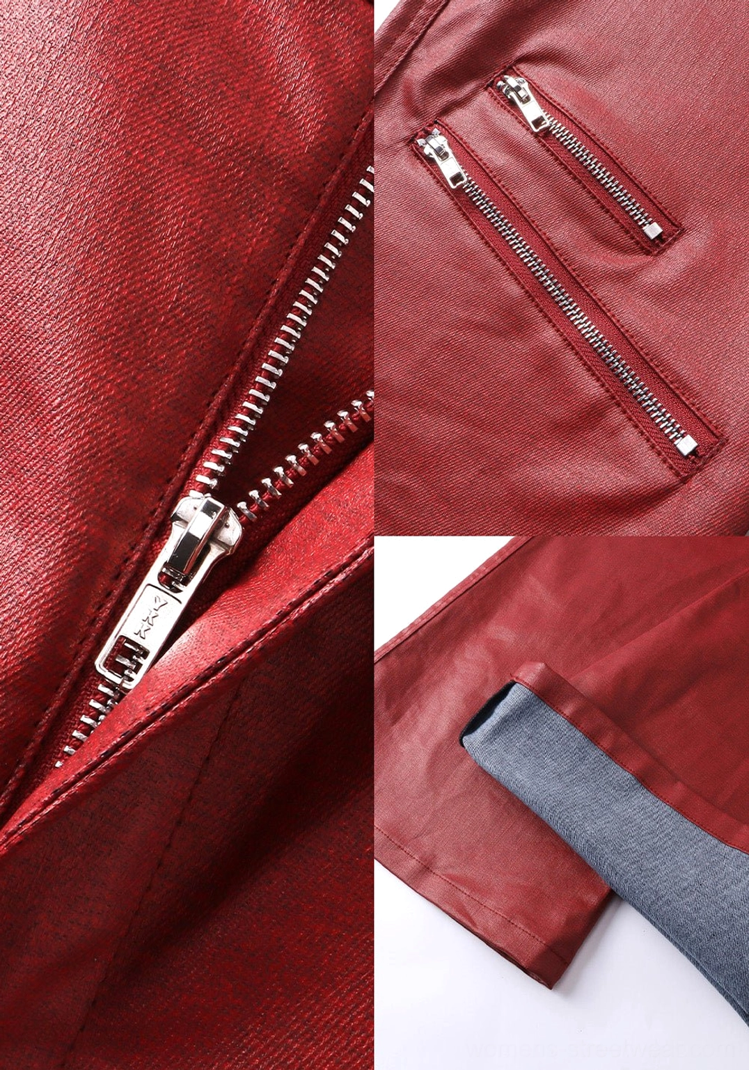 Detailed view of wine red flare jeans waistband silver button fly metal rivets and reinforced pocket stitching