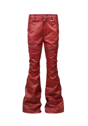 Wine red liquid metal coated flare jeans front view with zippered thigh pockets and dramatic wide leg silhouette