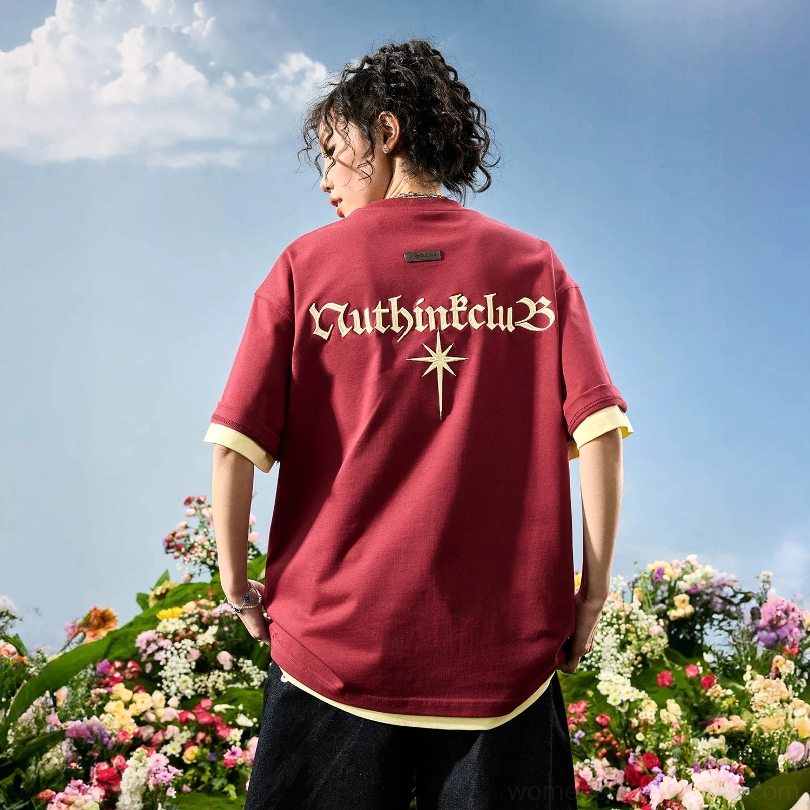 Wine red maroon oversized Gothic streetwear T-shirt with starburst back embroidery and contrast layered sleeve and hem details