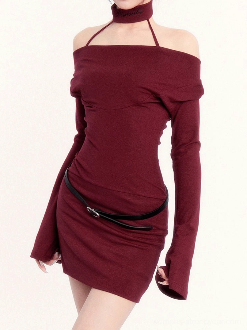Close front view of wine red off-shoulder choker bodycon mini dress with flared long sleeves
