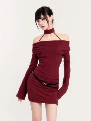 Wine red off-shoulder choker bodycon mini dress with flared sleeves and statement neckline