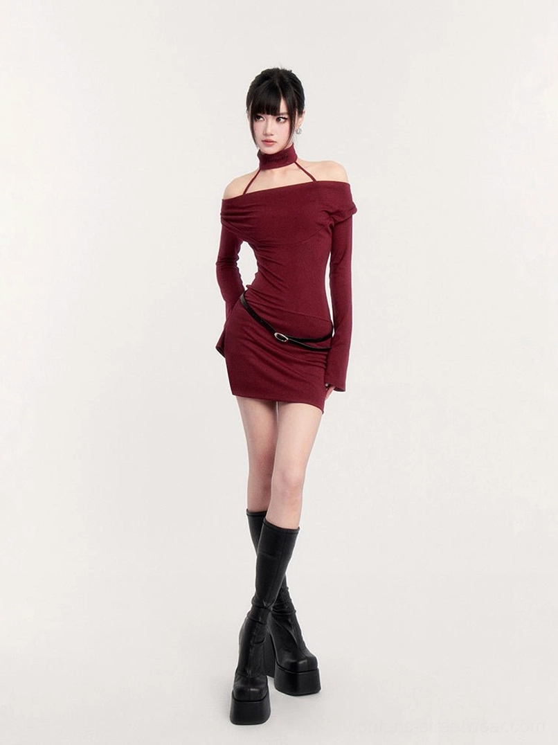 Side view of wine red off-shoulder bodycon mini dress with choker neckline and fitted silhouette