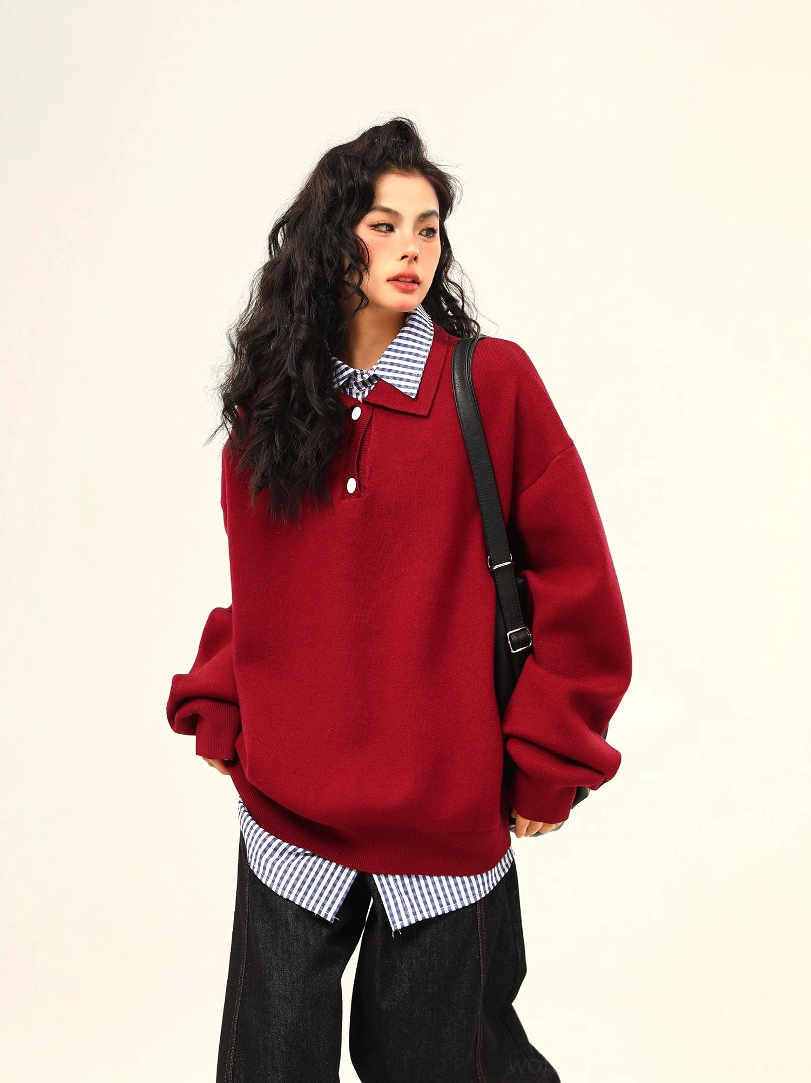 Wine red oversized knit polo collar sweater with half-button placket and relaxed drop shoulder silhouette
