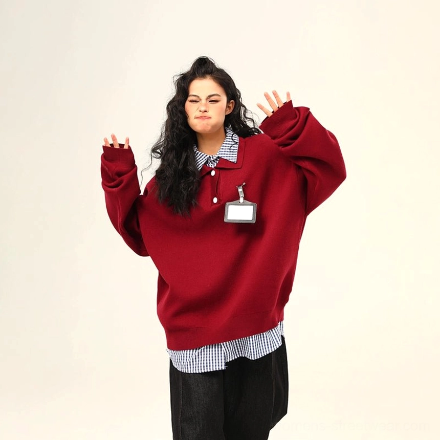 Wine red oversized polo collar knit sweater colorway with contemporary relaxed streetwear styling