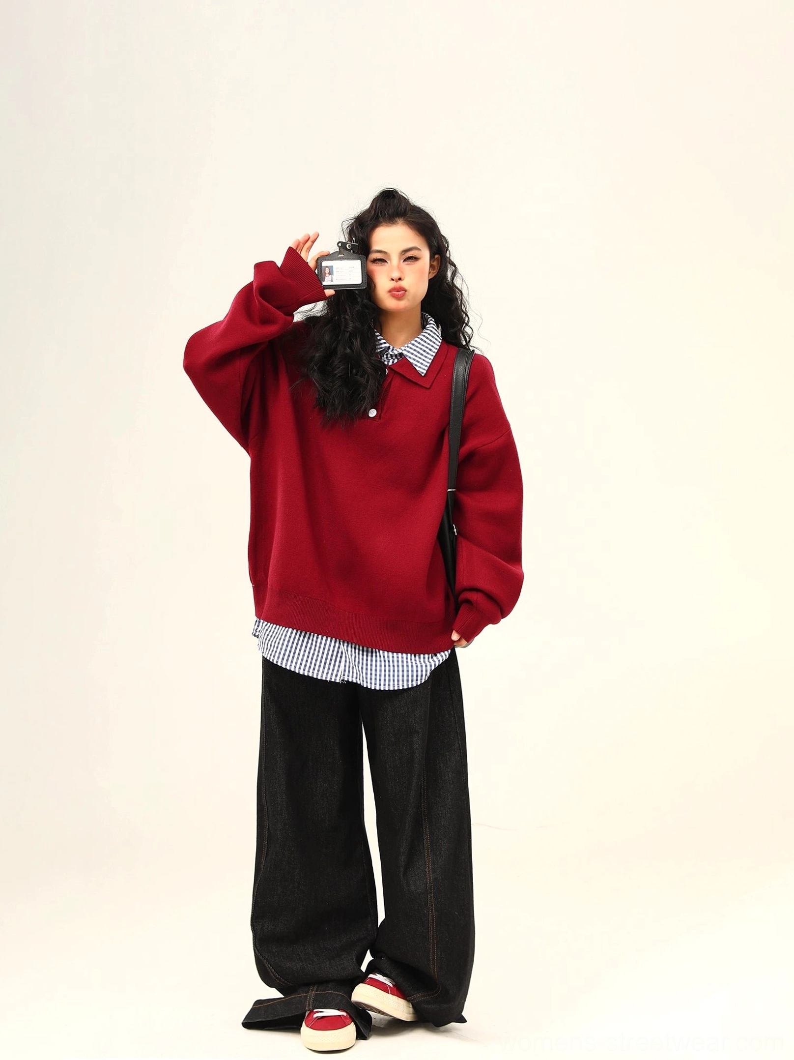 Wine red oversized polo collar knit sweater with gingham layering in a modern casual Korean streetwear outfit