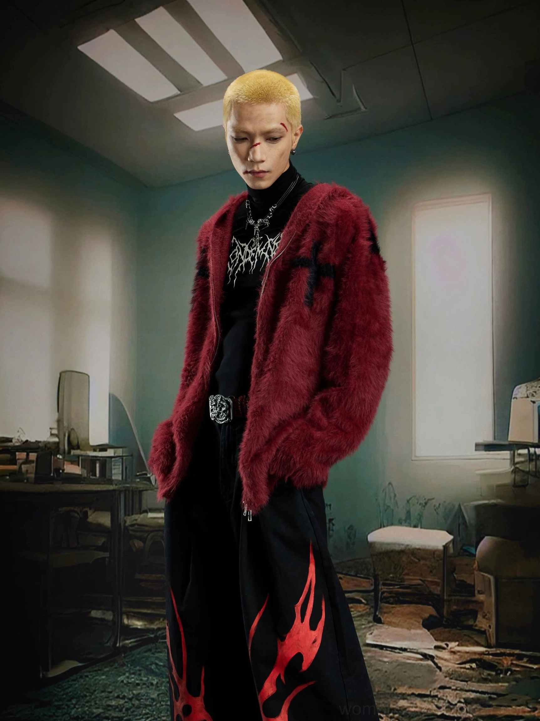 Wine red plush faux fur hooded jacket showing its relaxed oversized streetwear silhouette