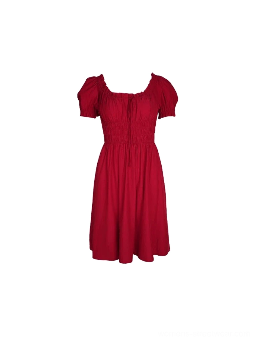 Wine red puff sleeve smocked waist A-line mini dress displayed on a white background with a gathered square neckline and short puff sleeves