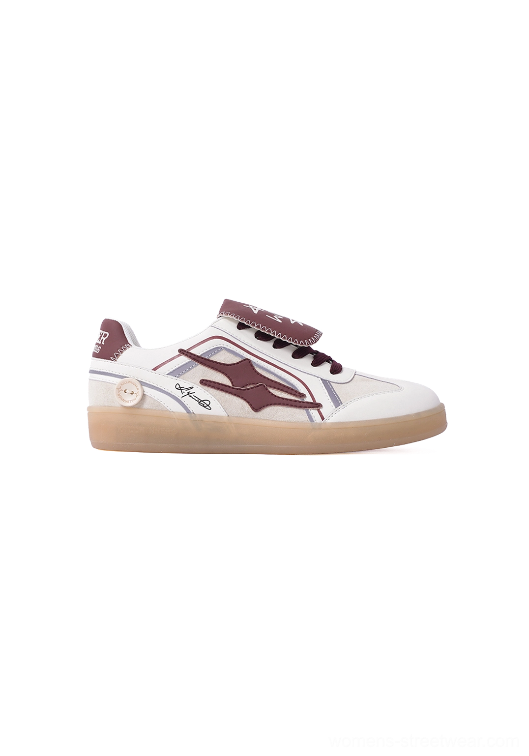 Right side studio profile of white wine red retro sneakers showing the strap, side emblem, heel, and gum sole