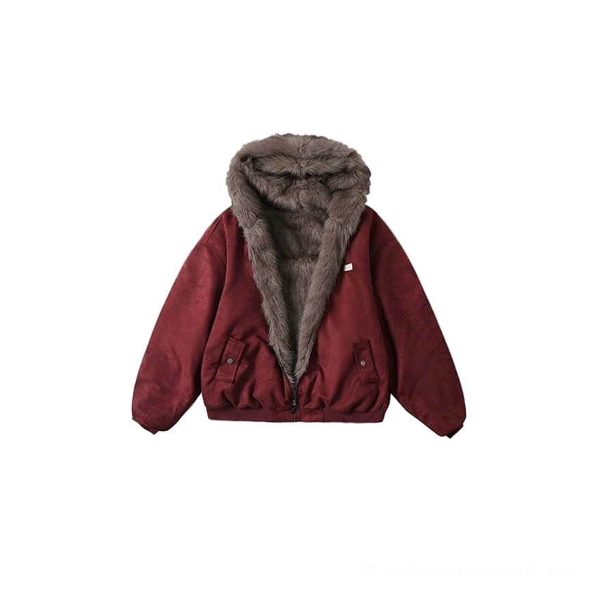 Wine red reversible faux shearling collar bomber jacket flat lay showing dark brown plush lining flap pockets and zip closure