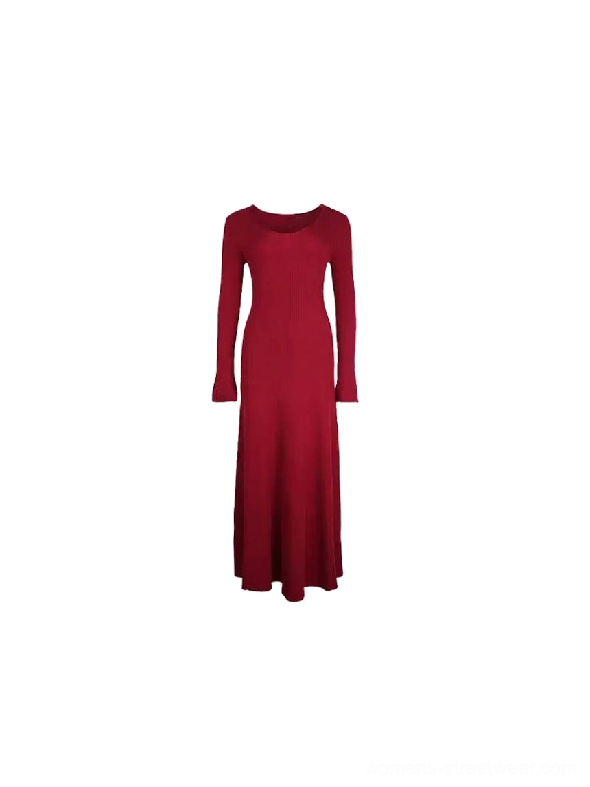 Wine red long sleeve scoop neck knit maxi dress flat lay showing the fitted bodycon silhouette and floor-length design