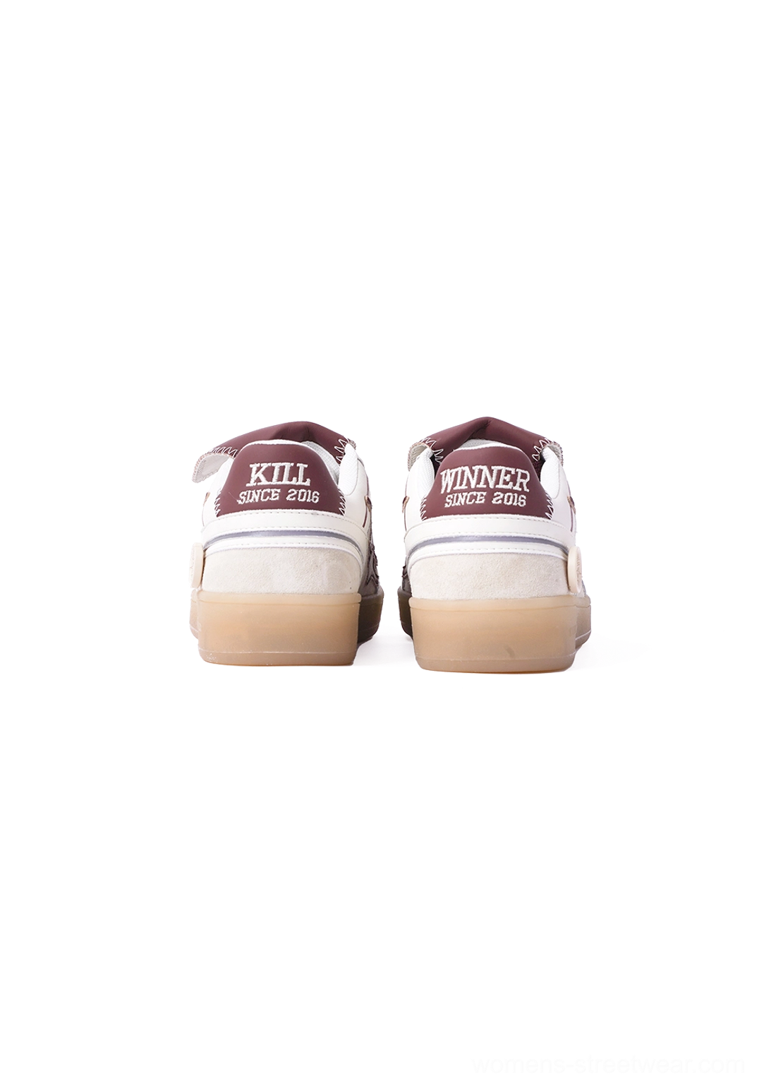 Rear view of wine red strap retro sneakers showing the detailed heel tabs and vintage-inspired printed design