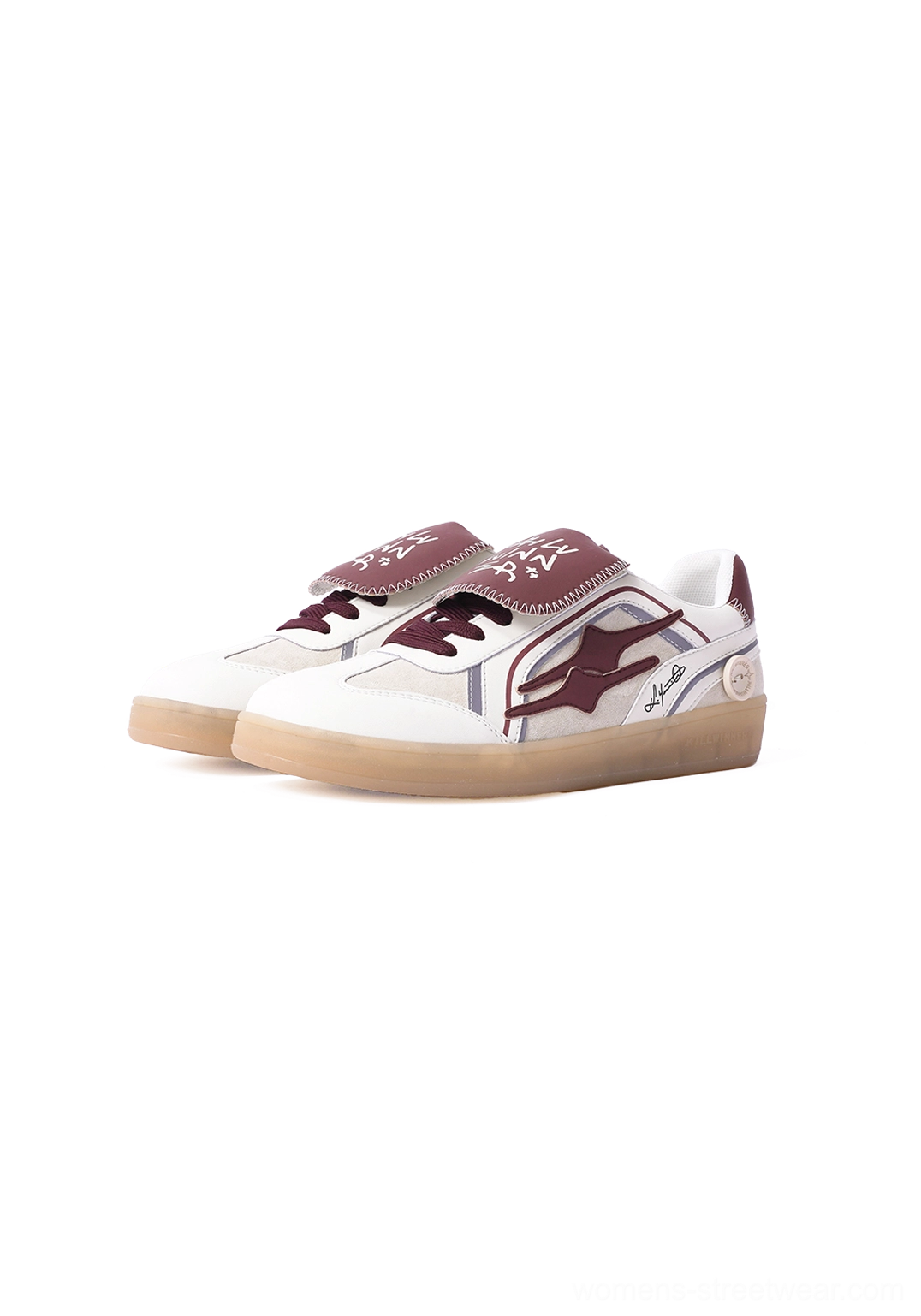 Wine red strap retro sneakers with white upper and gum sole product image for modern streetwear styling