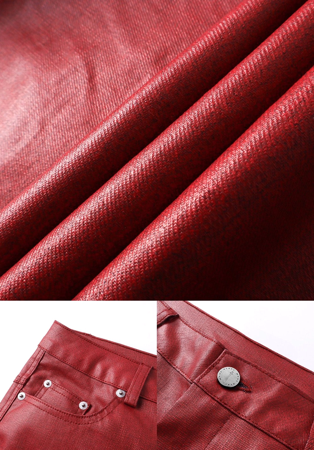 Close-up of glossy wine red wax coated denim fabric showing visible weave texture and soft folded finish