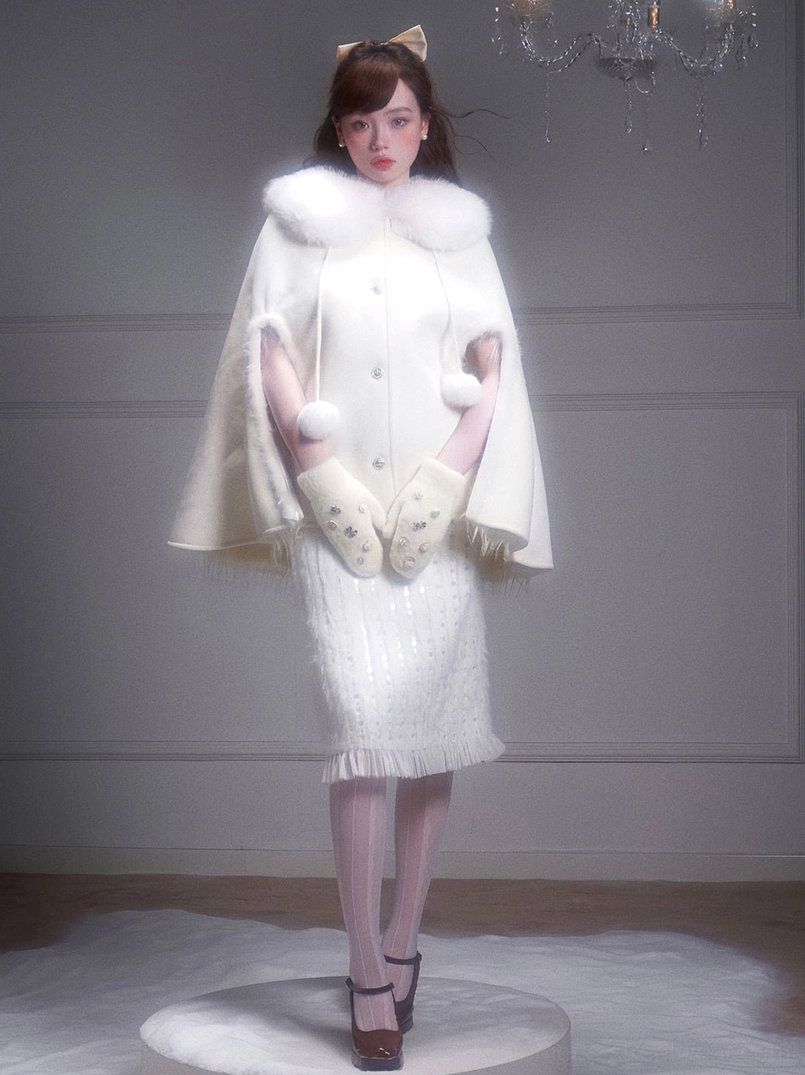 Full body winter white fur cape coat outfit with pom-pom ties tweed fringe skirt mittens and low heel shoes