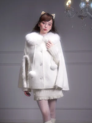 Winter white fur collar cape coat front full body view with pom-pom drawstring ties and button closure