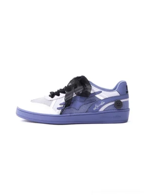 Wisteria lavender and white bow-lace retro court sneaker in side view with black ribbon laces, mesh panels, embroidered detail, and purple outsole
