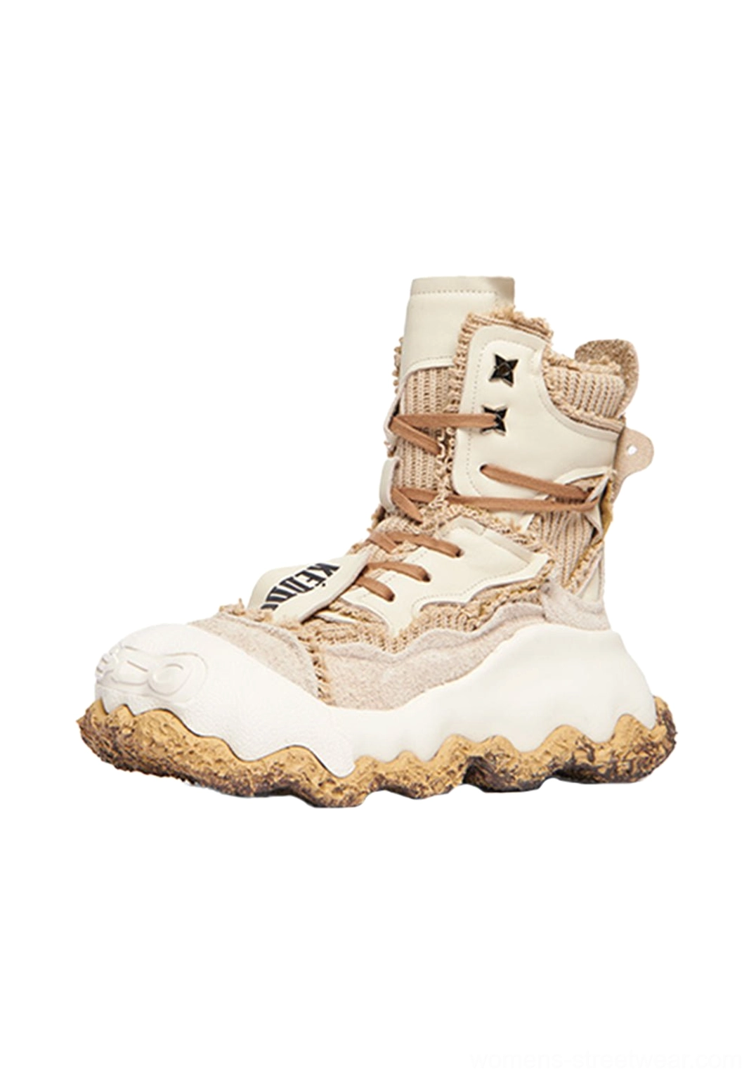 Women's abstract splash platform combat boots with mixed-material upper, lace-up front, textured finish, and avant-garde streetwear design