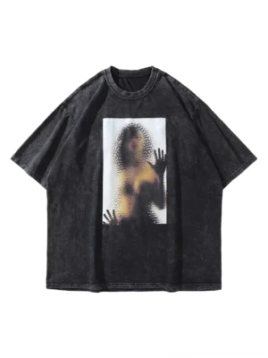 Front view of a women's acid-wash black hip-hop graphic T-shirt with oversized streetwear fit and blurred pixelated female portrait print