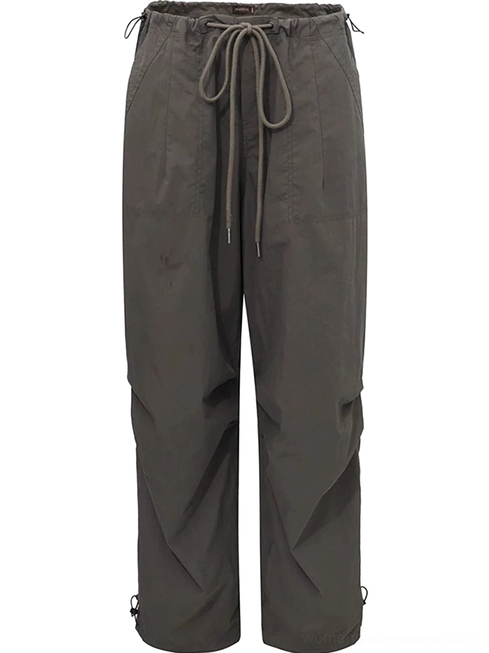 Charcoal gray women's adjustable hem parachute cargo pants flat lay showing drawstring waistband, pleated front, and wide legs