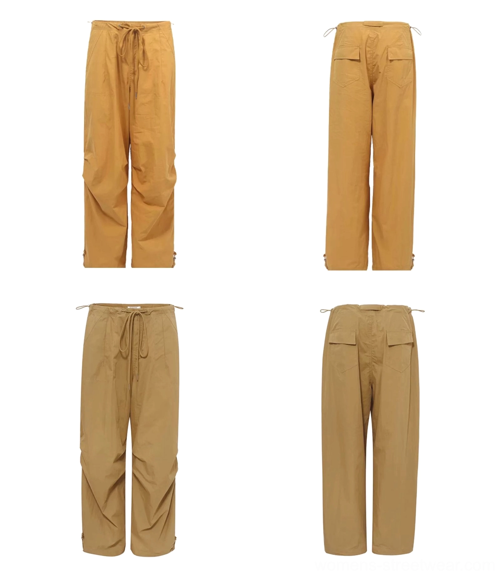 Mustard yellow and light khaki women's parachute cargo pants showing front and back views with drawstring waist and back pockets