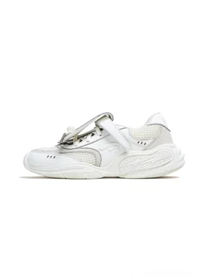 White and silver women's air-mesh low-top sport sneakers shown from the left side with breathable mesh panels, layered straps, metal lace hardware, and chunky rubber outsole