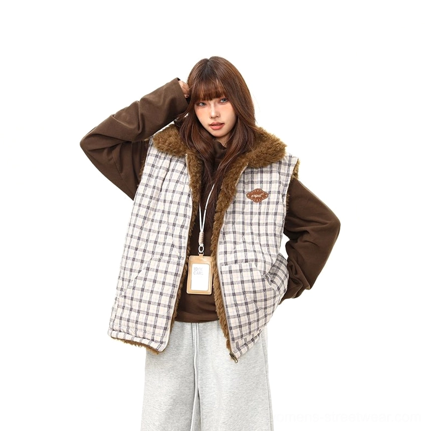 Apricot reversible women's plaid sherpa vest with plush teddy fleece side and relaxed oversized fit