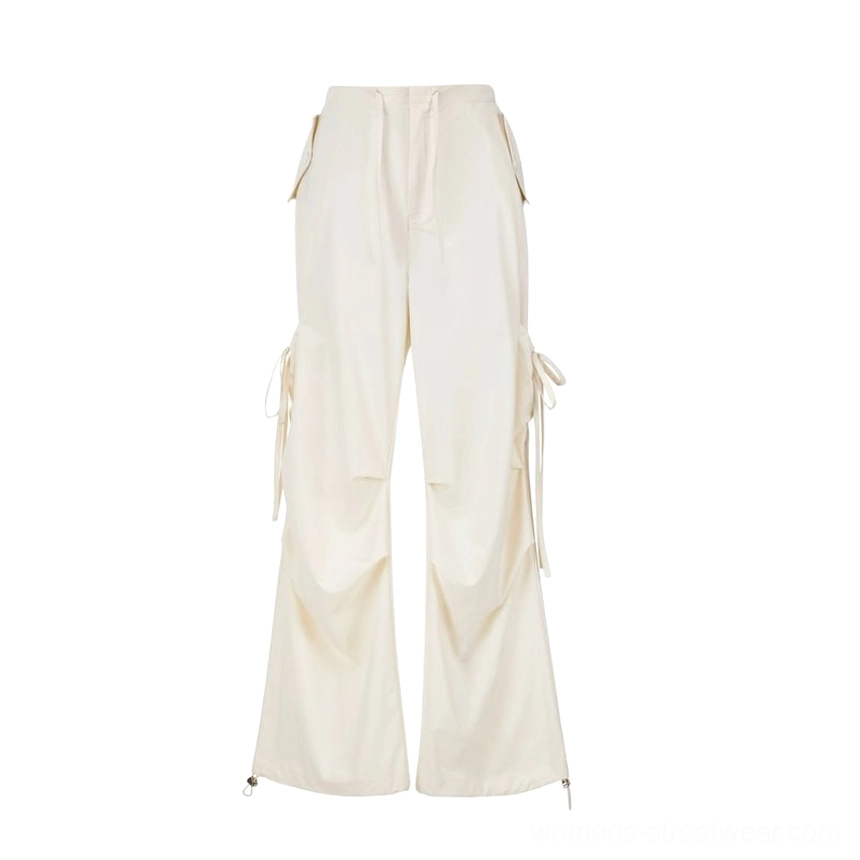Women's apricot side-tie wide-leg cargo pants with drawstring waist relaxed streetwear product view