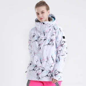 Women’s aurora nebula ski shell jacket in white black and pink marble splatter print shown from the front with hood and snap collar