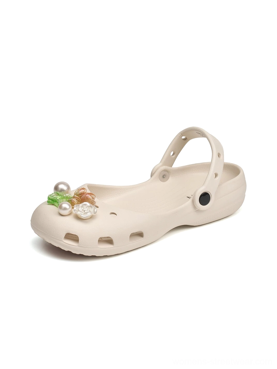 Women's beige Mary Jane sandals with adjustable heel buckle floral pearl toe accents and comfortable everyday slide silhouette