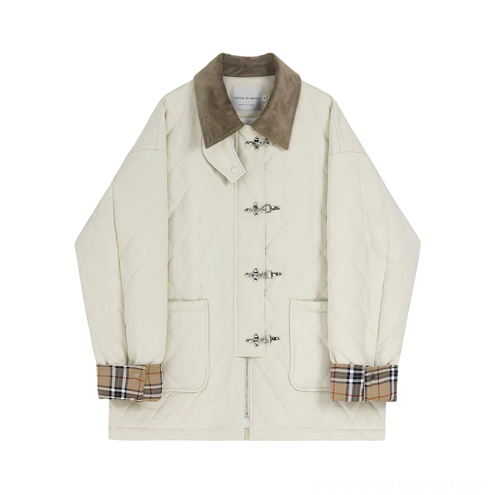 Front flat lay of women's beige diamond quilted cotton jacket with contrast corduroy collar, plaid turn-up cuffs, patch pockets and metal buckles
