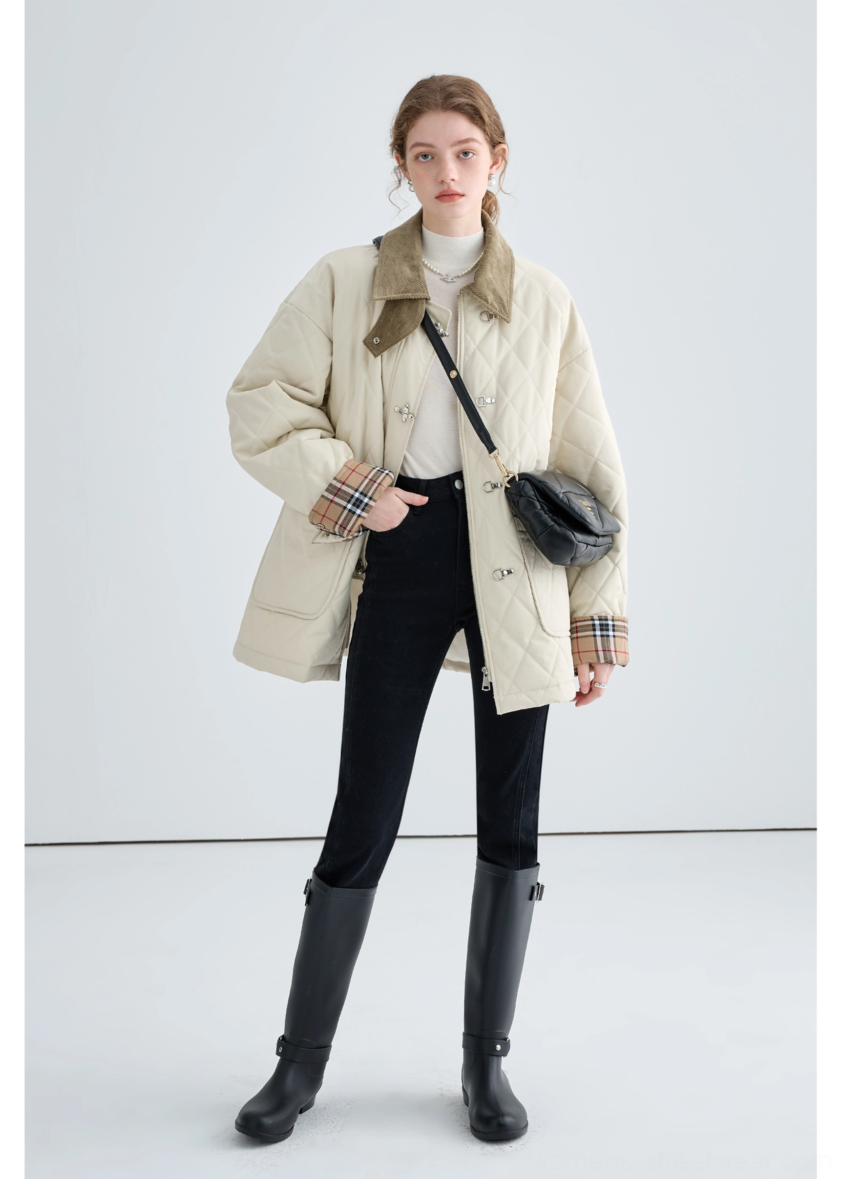 Women's beige contrast collar quilted cotton jacket with three metal buckle closures and diamond stitched texture detail