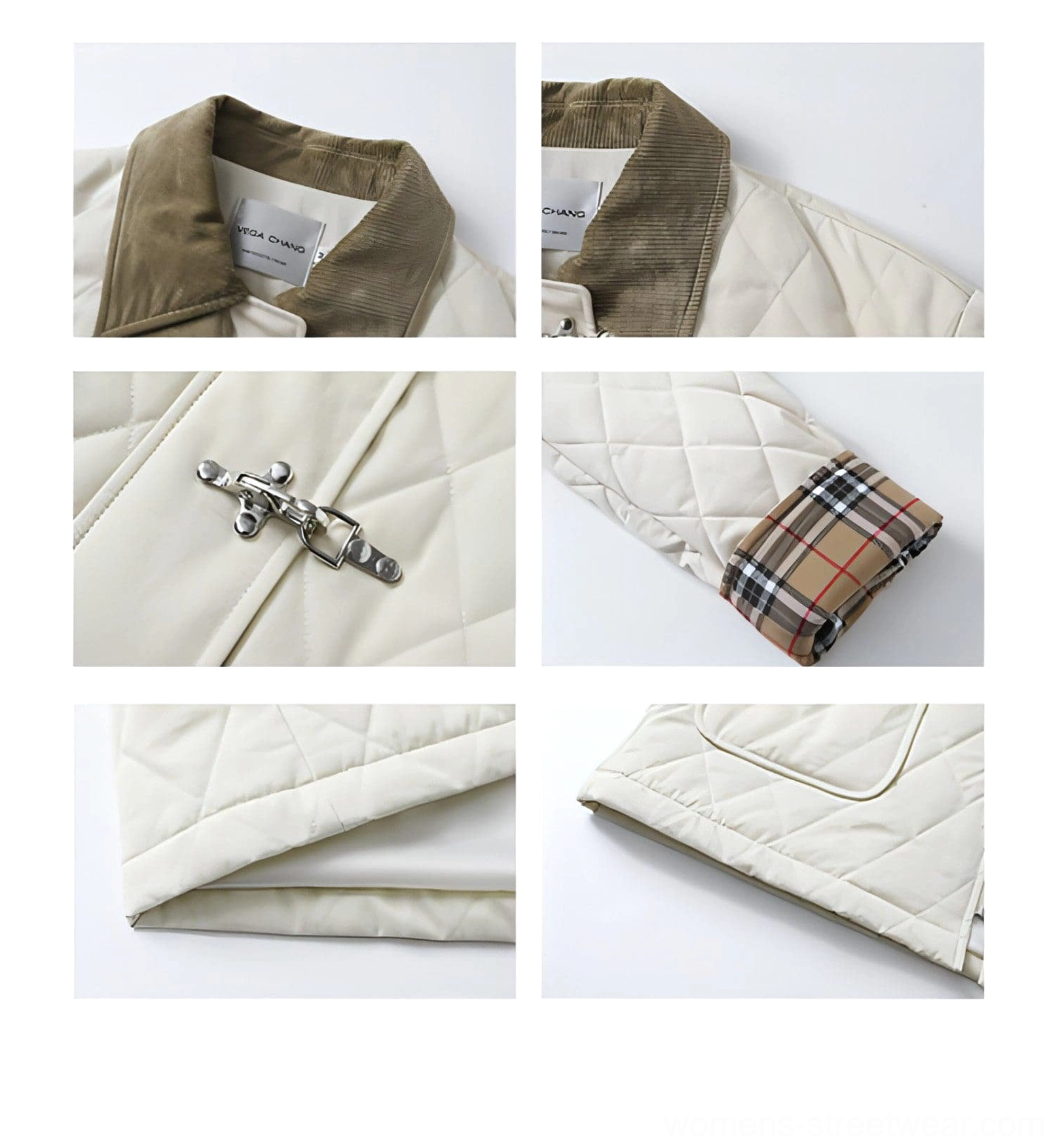 Women's beige quilted cotton outerwear with brown corduroy collar, checked cuffs and three distinctive metal fasteners