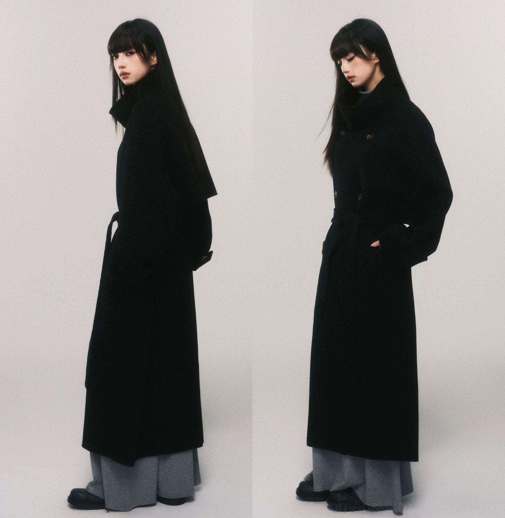 Women's belted double-breasted wool maxi trench coat premium long winter outerwear detail view