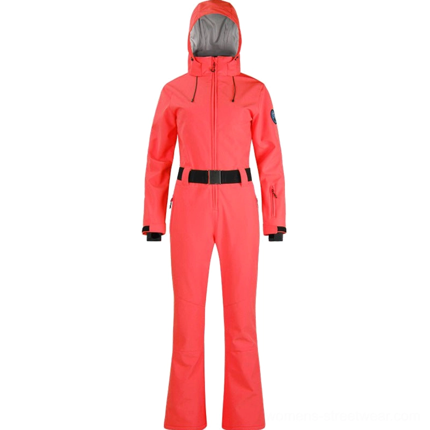Women's belted flared one-piece ski jumpsuit with hood stylish winter snow outfit detail view
