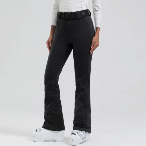 Women's black belted flared ski pants with waterproof stretch snow fabric and contrast cuff panels front view