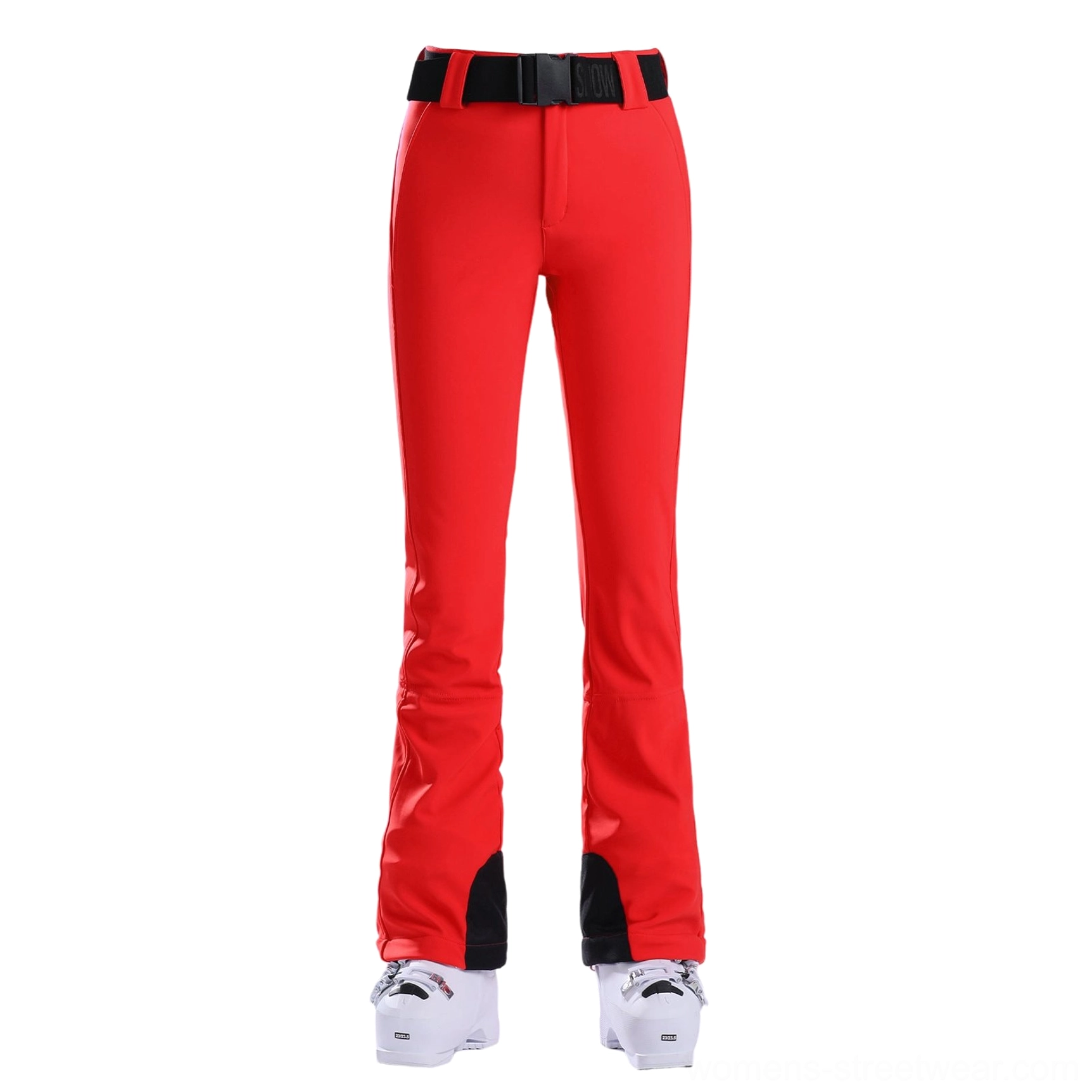 Women's slim fit flared ski pants with adjustable belt and technical winter streetwear construction