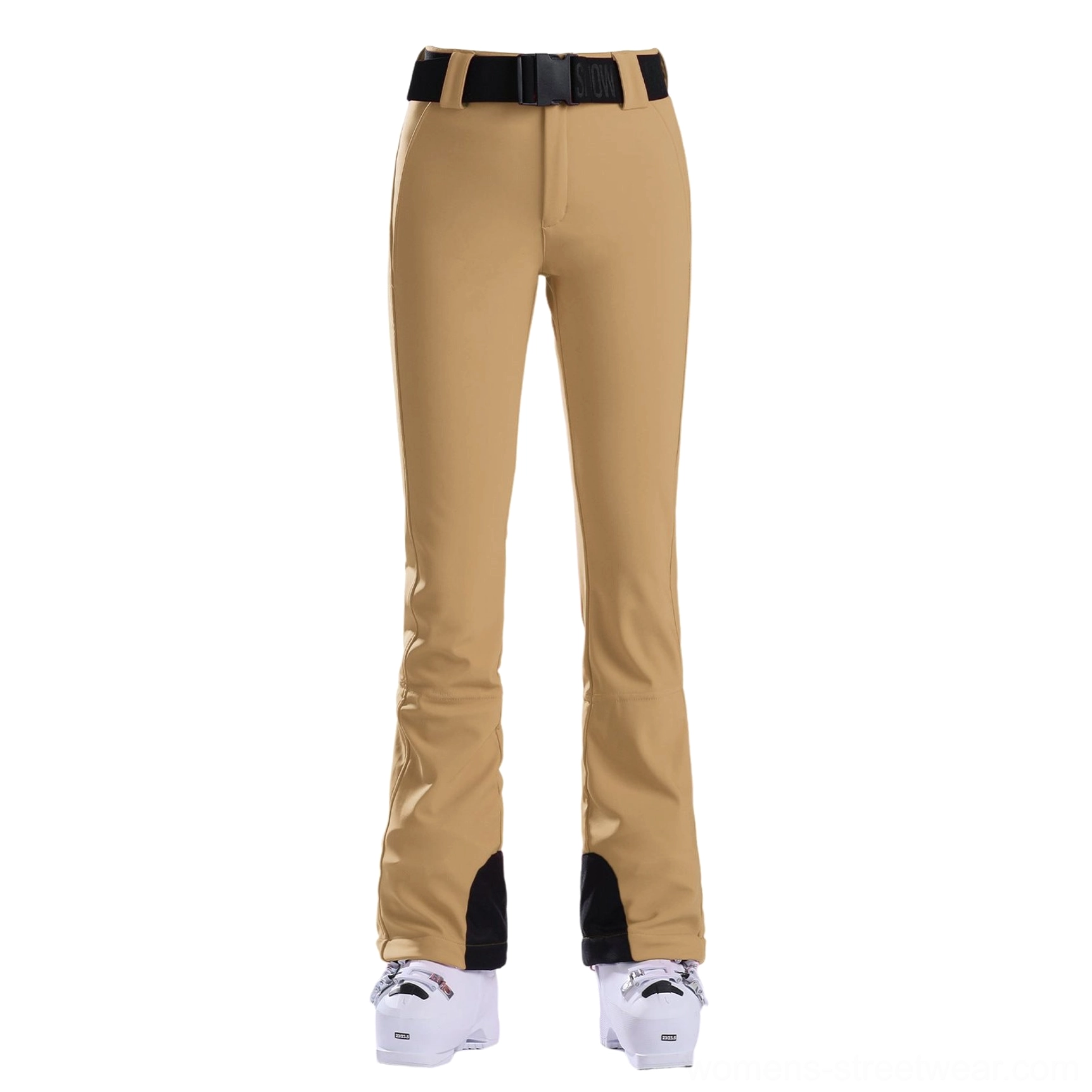Khaki women's belted flared ski pants flat lay with black cuff panels and white snow boots